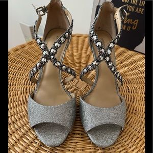 Antonio Melani silver heeled sandals ankle straps Crystal embellished